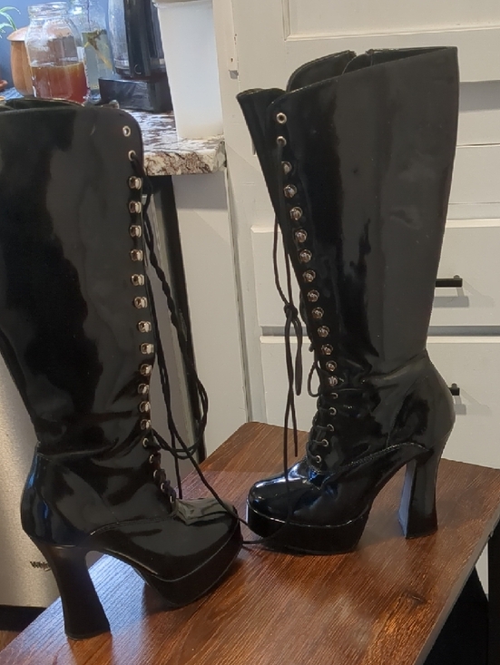 Glossy Black Lace-Up Platform Boots - Picture 6 of 13